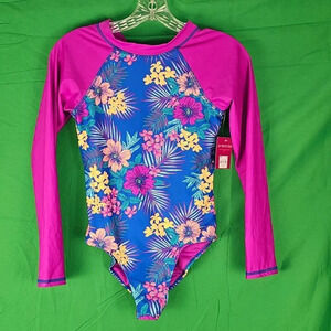 NWT So Girls Purple Blue Floral Long‎ Sleeve Surf Island Rashie Swimsuit 14
